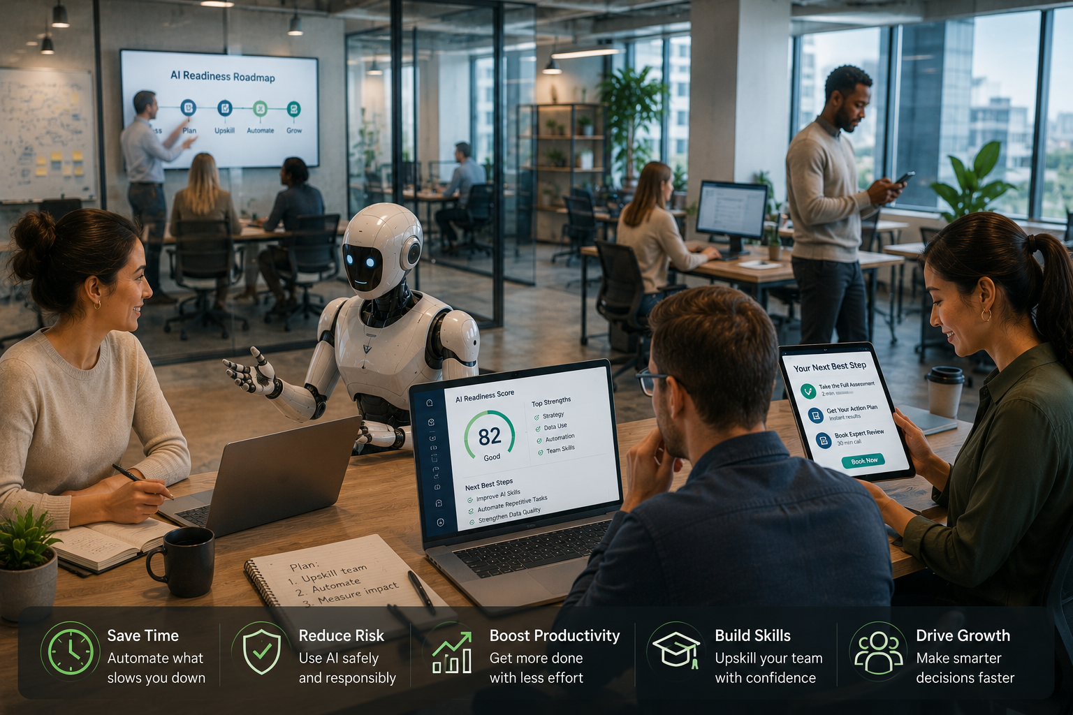 People learning and working with AI in a modern collaborative environment